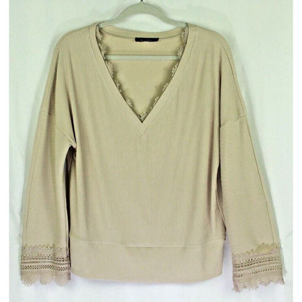 Trendy Queen V Neck Lace Blouse Ivory Ribbed Knit Womens Large